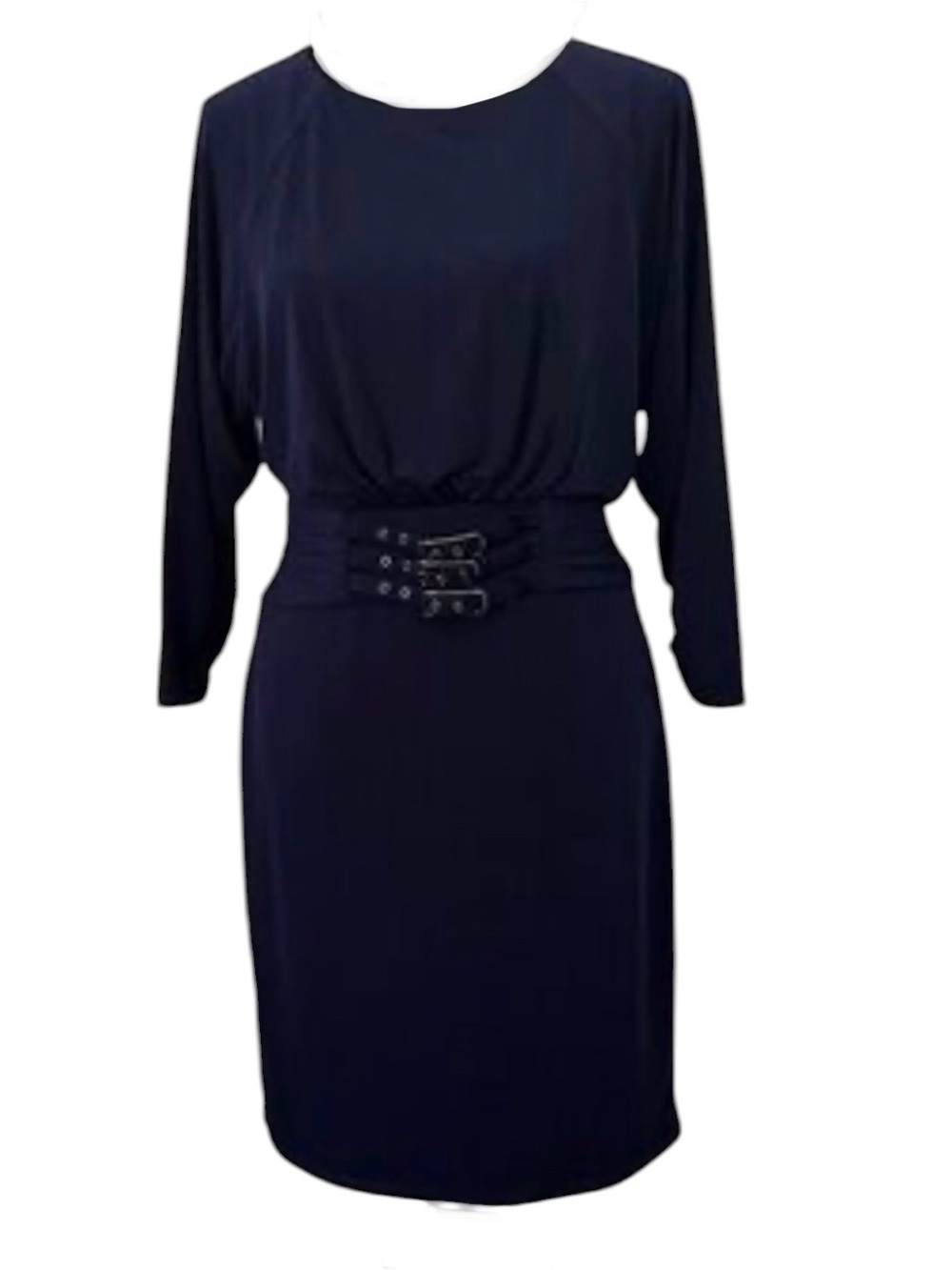 Laundry By Shelli Segal Navy 3/4 Ruched Sleeve Dress Triple belted waist, sz 10 - Picture 8 of 8